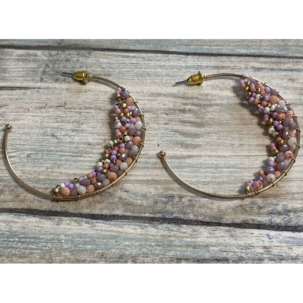 Bead Wrapped Hoop‎ EARRINGS Gold Tone Pastels NWOT Large